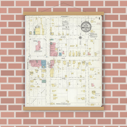 Old map wall art mockup — magnetic wood frame on brick wall — Sanborn Fire Insurance Map from Maysville, DeKalb County, Missouri (1909), Sheet #0001