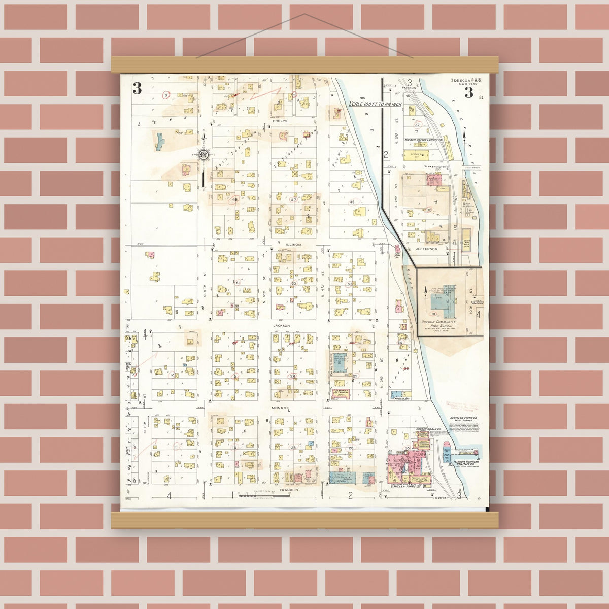 Old map wall art mockup — magnetic wood frame on brick wall — Sanborn Fire Insurance Map from Oregon, Ogle County, Illinois (1943), Sheet #0003