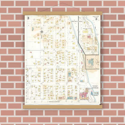 Old map wall art mockup — magnetic wood frame on brick wall — Sanborn Fire Insurance Map from Oregon, Ogle County, Illinois (1943), Sheet #0003