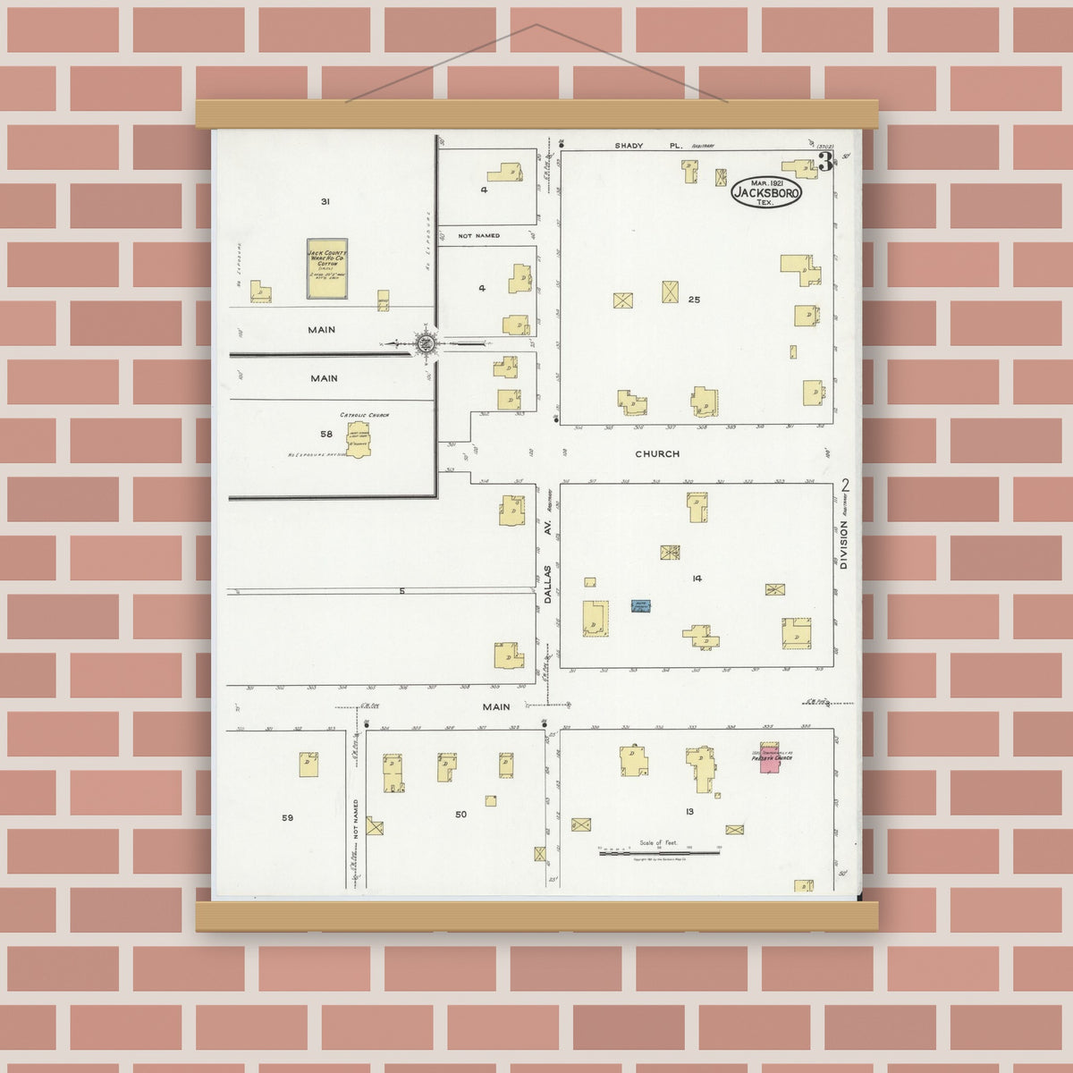 Old map wall art mockup — magnetic wood frame on brick wall — Sanborn Fire Insurance Map from Jacksboro, Jack County, Texas (1921), Sheet #0003