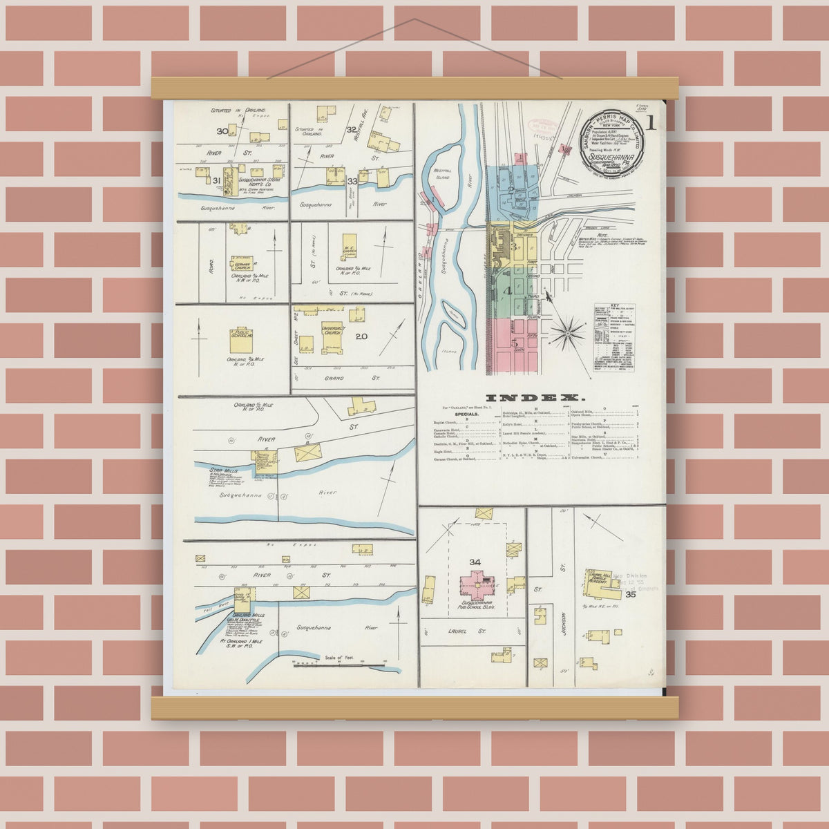 Old map wall art mockup — magnetic wood frame on brick wall — Sanborn Fire Insurance Map from Susquehanna, Susquehanna County, Pennsylvania (1892) - Complete Map Set