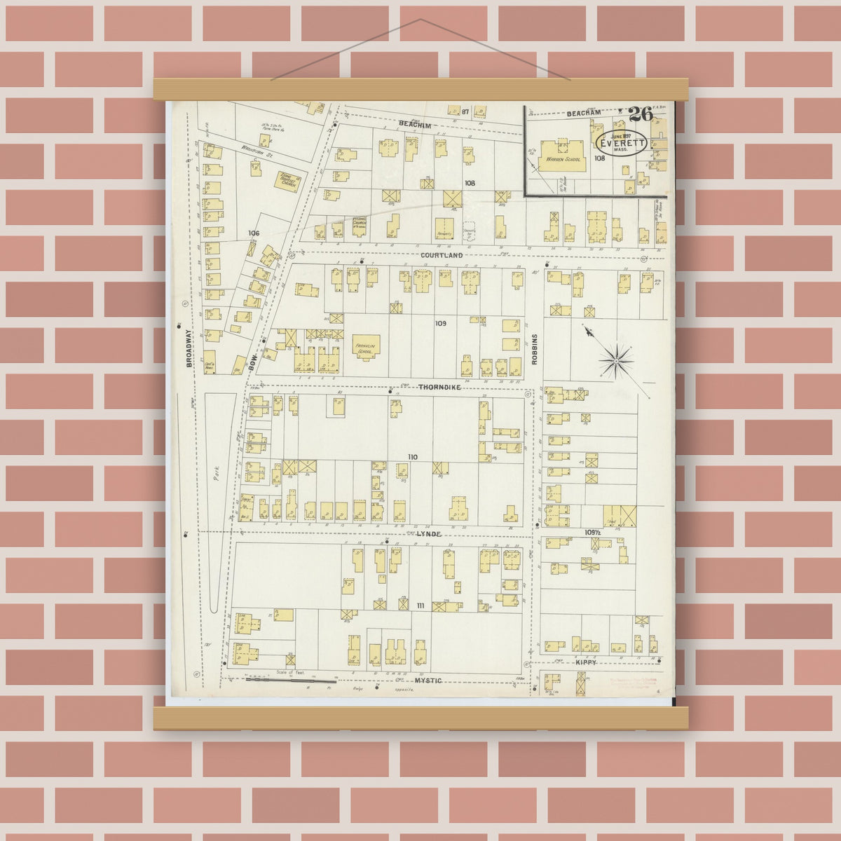 Old map wall art mockup — magnetic wood frame on brick wall — Sanborn Fire Insurance Map from Everett, Middlesex County, Massachusetts (1897), Sheet #0026