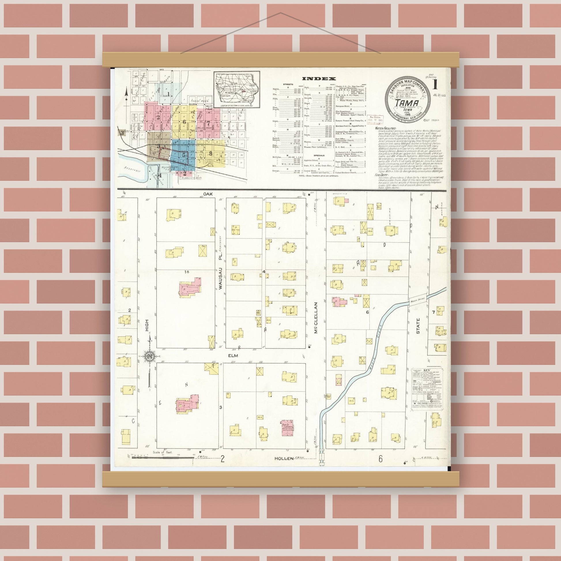 Old map wall art mockup — magnetic wood frame on brick wall — Sanborn Fire Insurance Map from Tama, Tama County, Iowa (1915) â€” Complete Set
