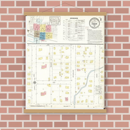 Old map wall art mockup — magnetic wood frame on brick wall — Sanborn Fire Insurance Map from Tama, Tama County, Iowa (1915) â€” Complete Set