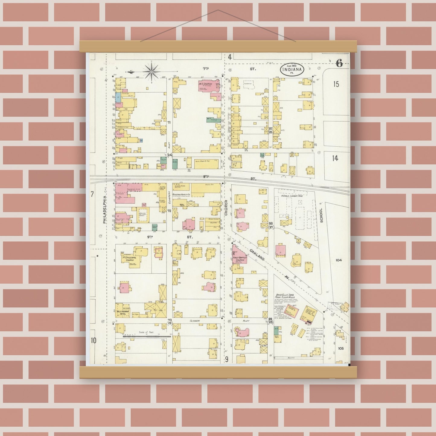 Old map wall art mockup — magnetic wood frame on brick wall — Sanborn Fire Insurance Map from Indiana, Indiana County, Pennsylvania (1903), Sheet #0006