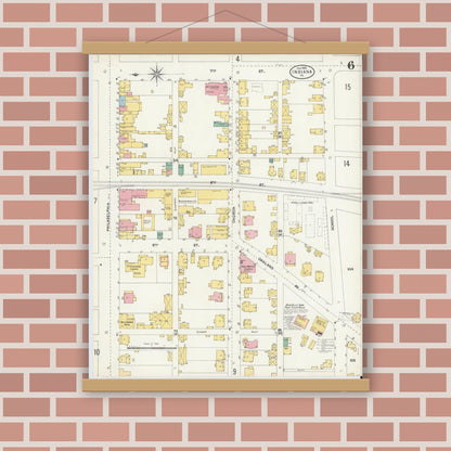 Old map wall art mockup — magnetic wood frame on brick wall — Sanborn Fire Insurance Map from Indiana, Indiana County, Pennsylvania (1903), Sheet #0006