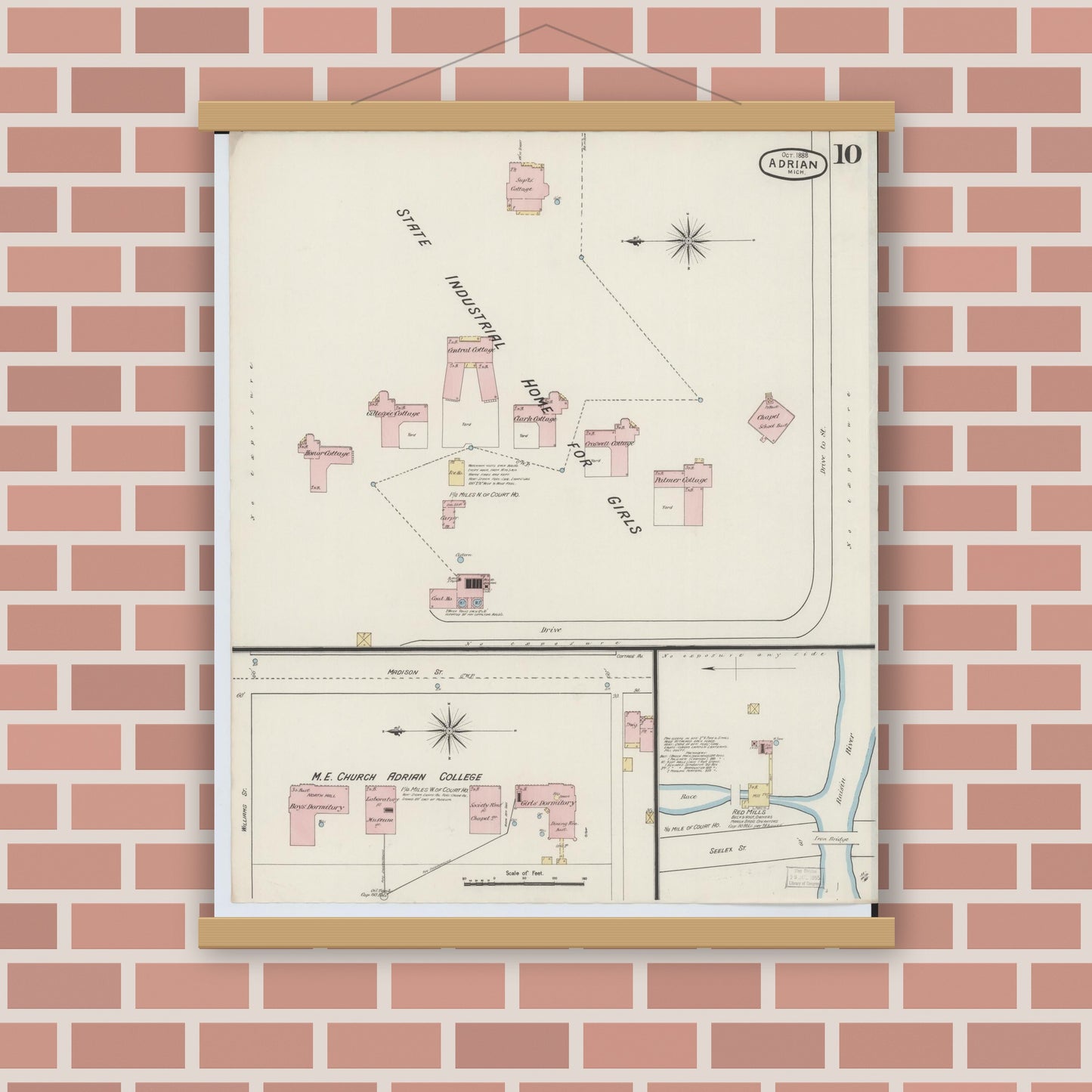 Old map wall art mockup — magnetic wood frame on brick wall — Sanborn Fire Insurance Map from Adrian, Lenawee County, Michigan (1888), Sheet #0010