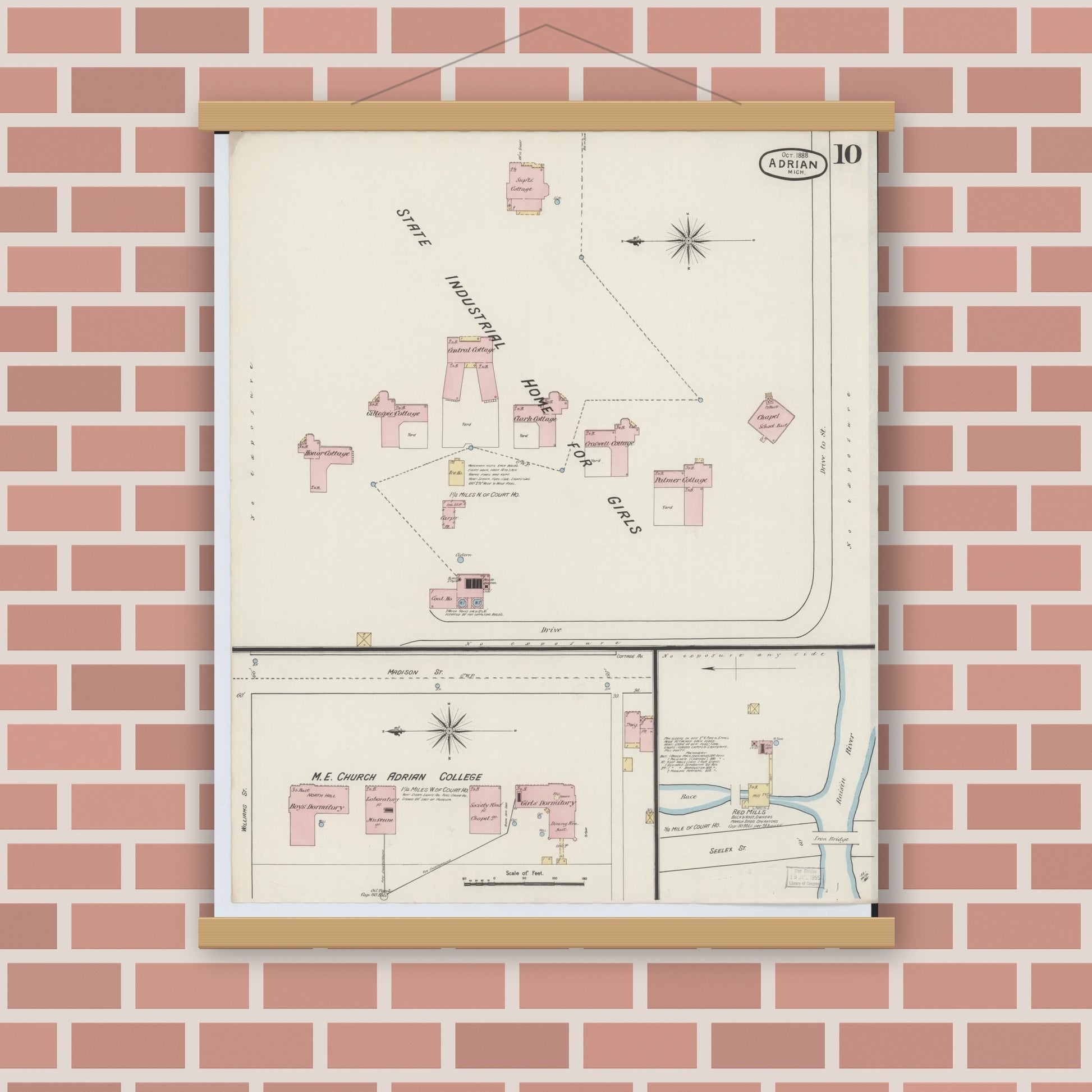Old map wall art mockup — magnetic wood frame on brick wall — Sanborn Fire Insurance Map from Adrian, Lenawee County, Michigan (1888), Sheet #0010