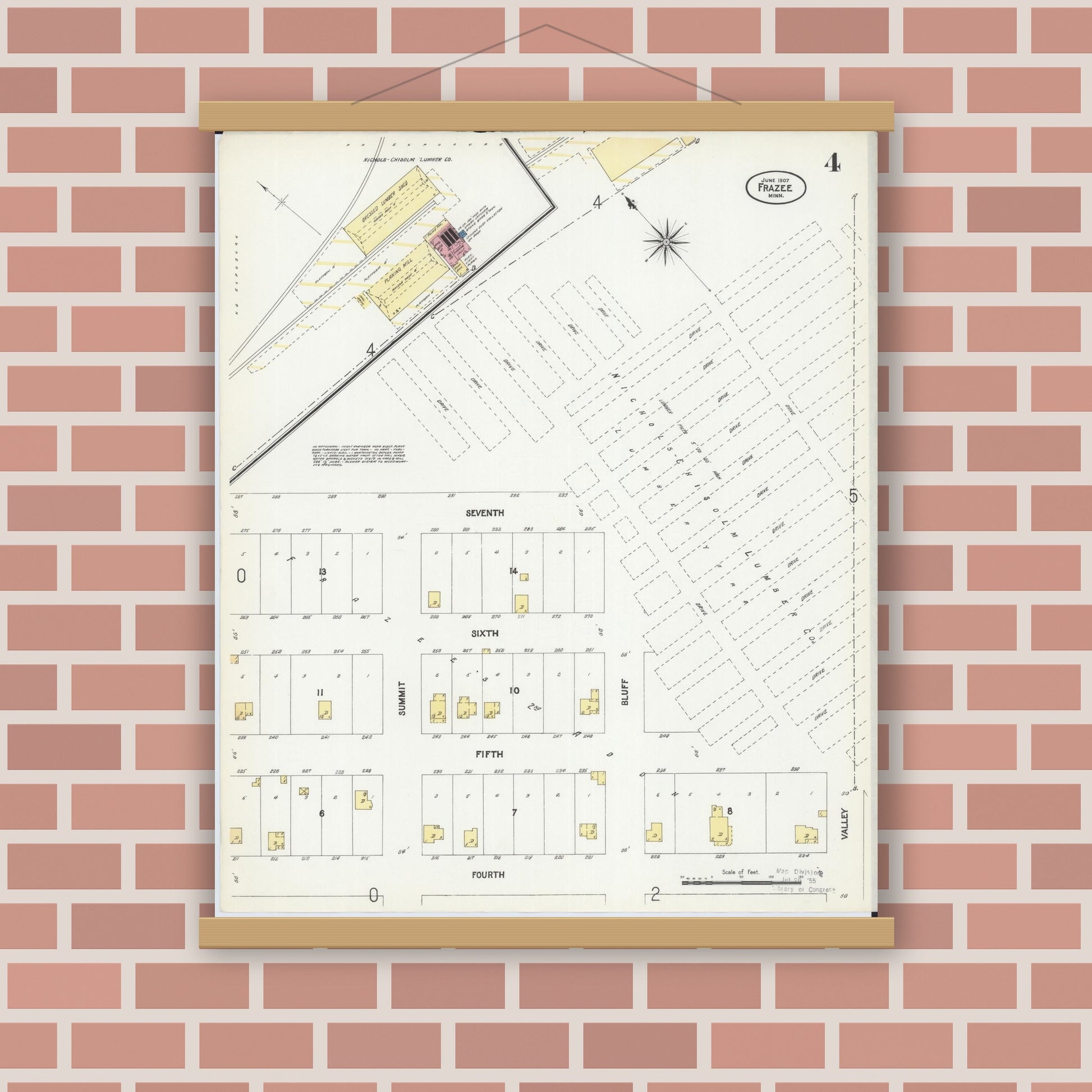 Old map wall art mockup — magnetic wood frame on brick wall — Sanborn Fire Insurance Map from Frazee, Becker County, Minnesota (1907), Sheet #0004