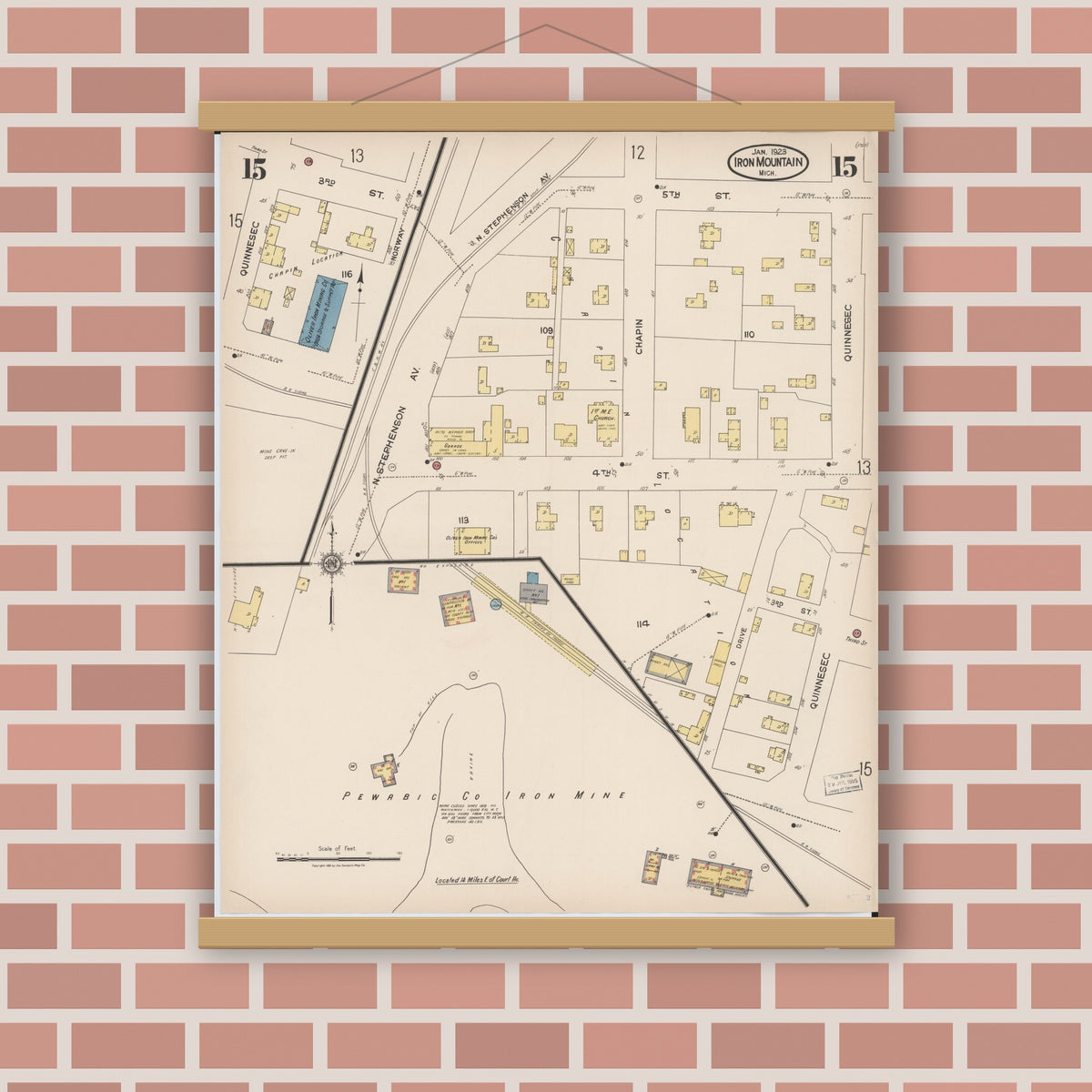 Old map wall art mockup — magnetic wood frame on brick wall — Sanborn Fire Insurance Map from Iron Mountain, Dickinson County, Michigan (1923), Sheet #0015