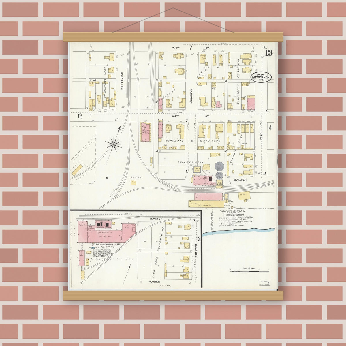 Old map wall art mockup — magnetic wood frame on brick wall — Sanborn Fire Insurance Map from Mount Vernon, Posey County, Indiana (1907), Sheet #0013