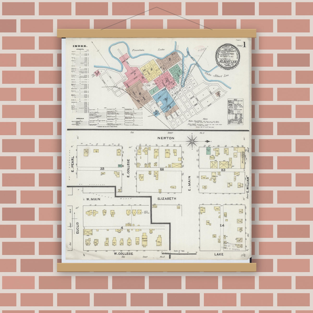 Old map wall art mockup — magnetic wood frame on brick wall — Sanborn Fire Insurance Map from Albert Lea, Freeborn County, Minnesota (1891), Sheet #0001