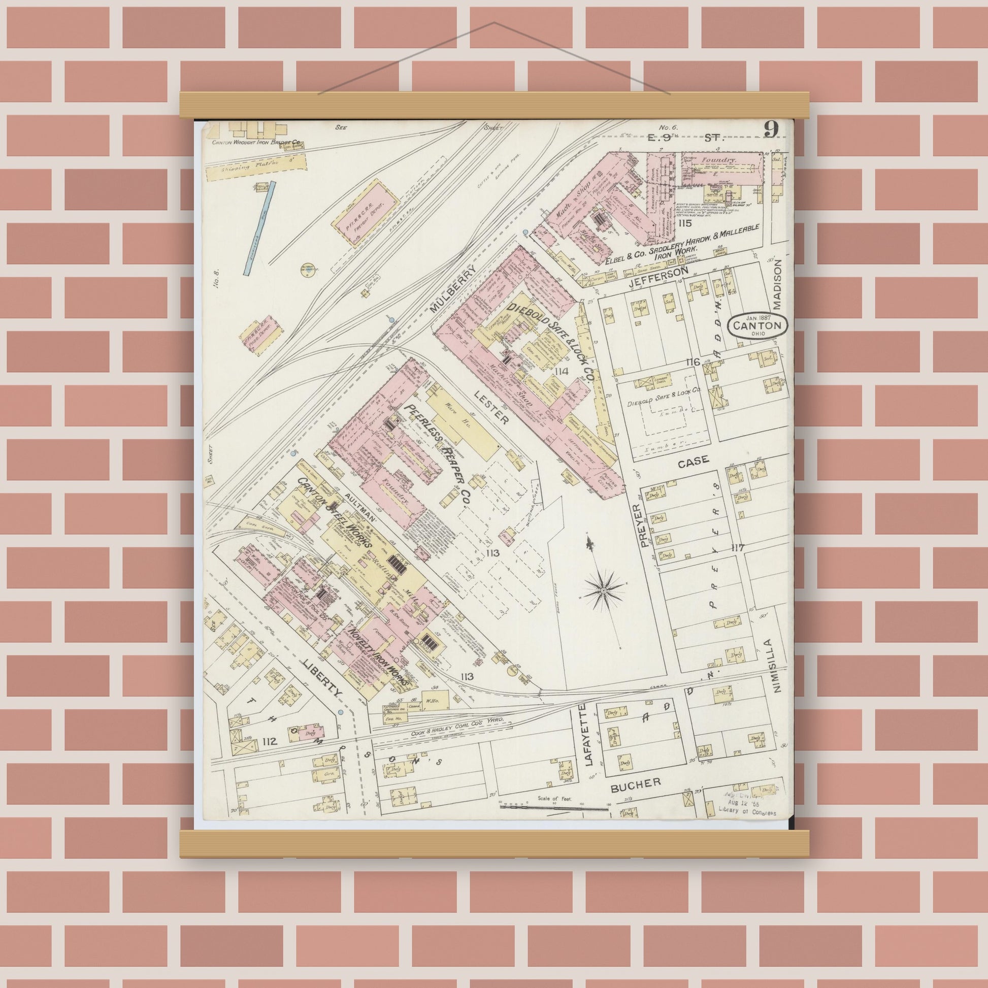 Old map wall art mockup — magnetic wood frame on brick wall — Sanborn Fire Insurance Map from Canton, Stark County, Ohio (1887), Sheet #0009
