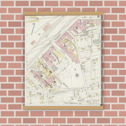 Old map wall art mockup — magnetic wood frame on brick wall — Sanborn Fire Insurance Map from Canton, Stark County, Ohio (1887), Sheet #0009