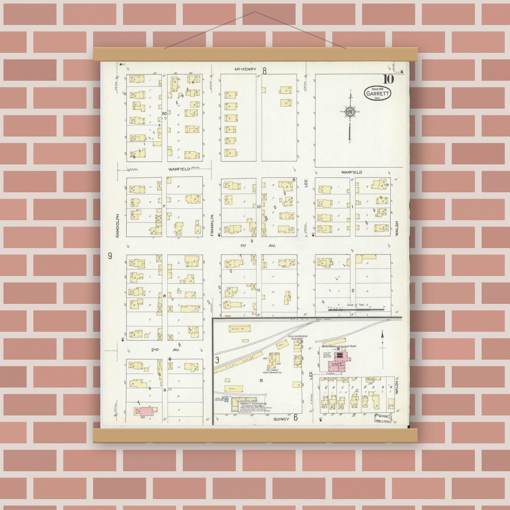 Old map wall art mockup — magnetic wood frame on brick wall — Sanborn Fire Insurance Map from Garrett, De Kalb County, Indiana (1914), Sheet #0010