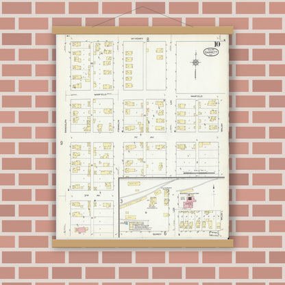 Old map wall art mockup — magnetic wood frame on brick wall — Sanborn Fire Insurance Map from Garrett, De Kalb County, Indiana (1914), Sheet #0010