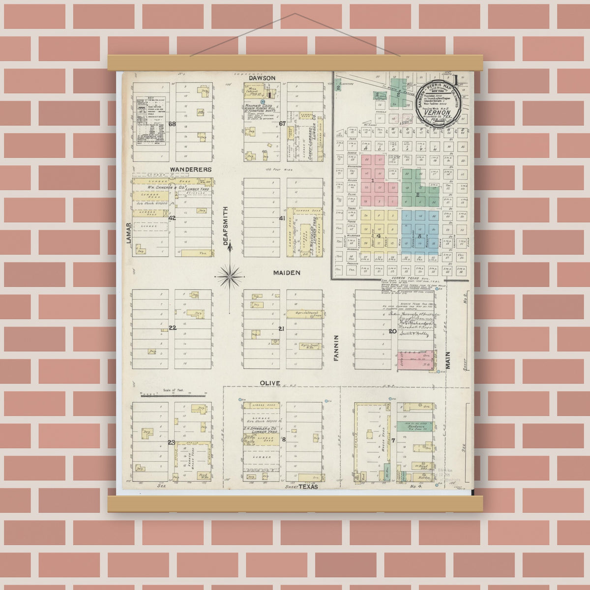 Old map wall art mockup — magnetic wood frame on brick wall — Sanborn Fire Insurance Map from Vernon, Wilbarger County, Texas (1891) - Complete Map Set
