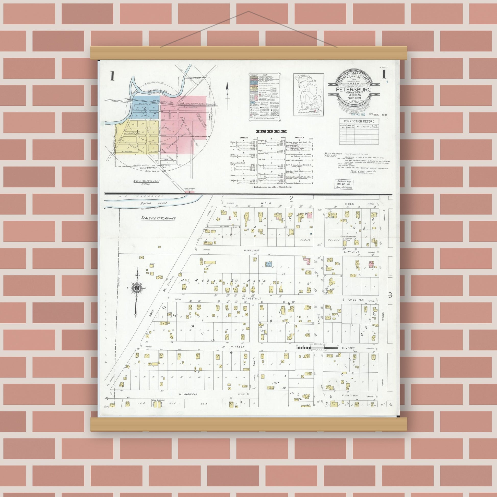 Old map wall art mockup — magnetic wood frame on brick wall — Sanborn Fire Insurance Map from Petersburg, Monroe County, Michigan (1939), Sheet #0001