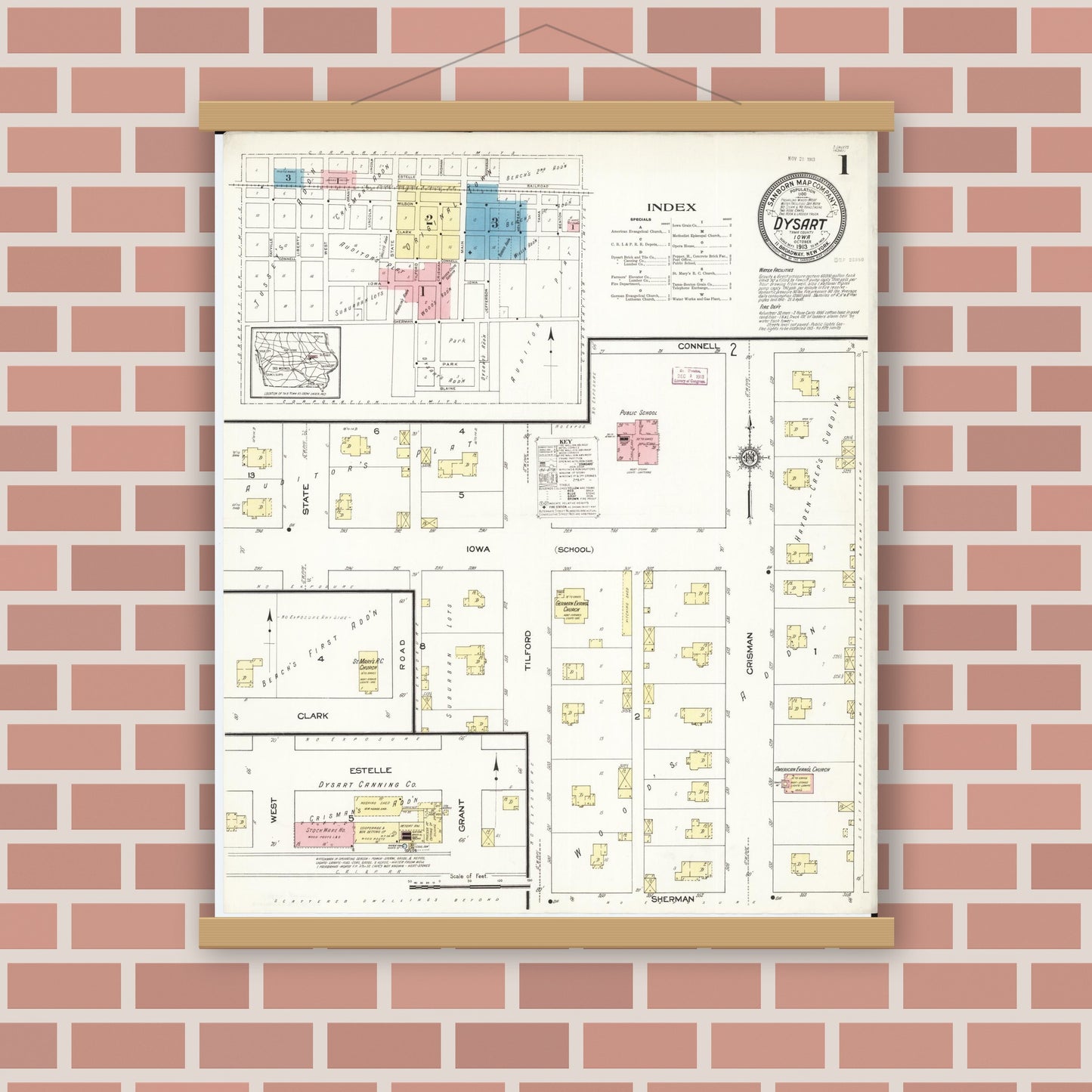 Old map wall art mockup — magnetic wood frame on brick wall — Sanborn Fire Insurance Map from Dysart, Tama County, Iowa (1913) â€” Complete Set