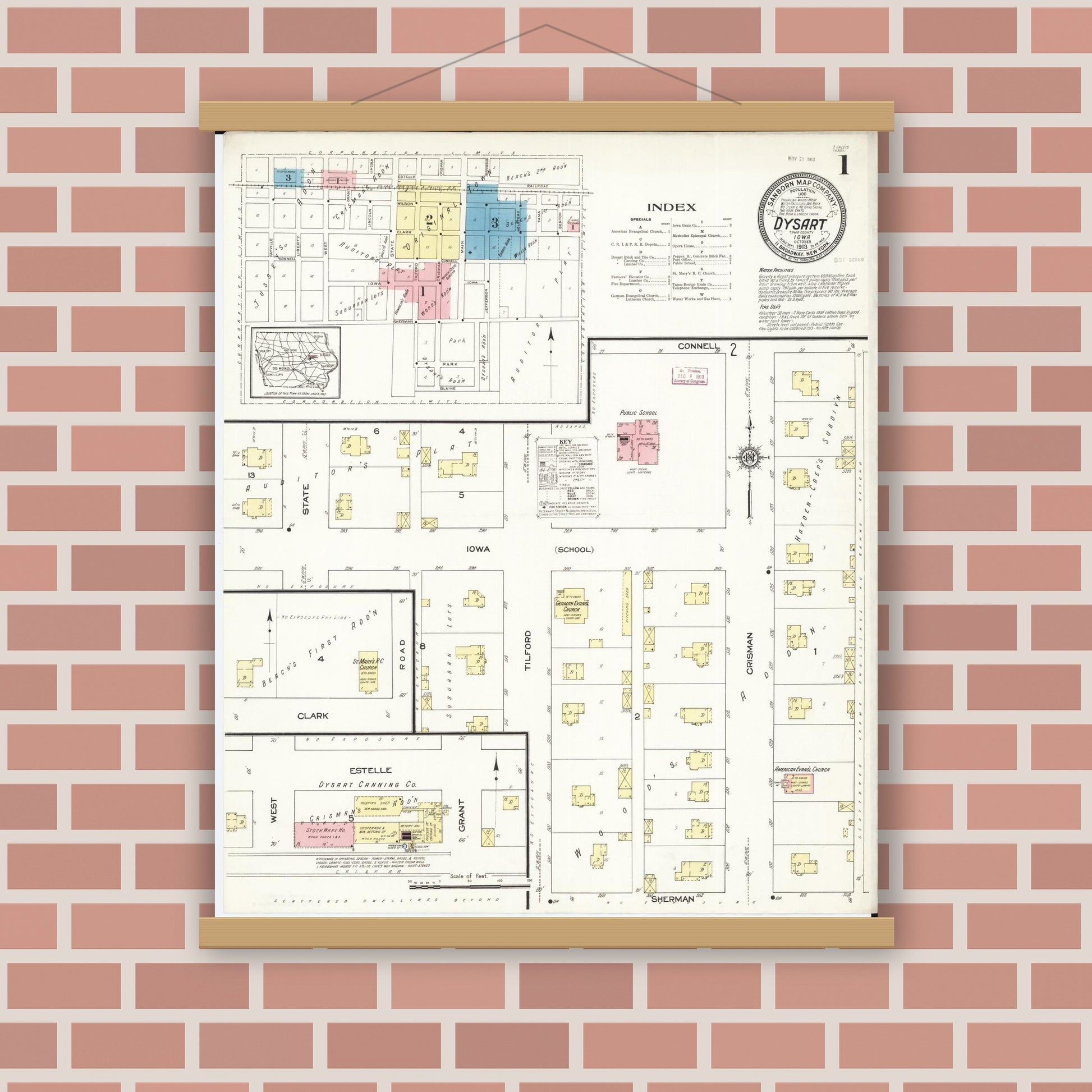 Old map wall art mockup — magnetic wood frame on brick wall — Sanborn Fire Insurance Map from Dysart, Tama County, Iowa (1913) â€” Complete Set