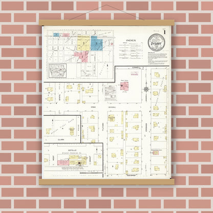 Old map wall art mockup — magnetic wood frame on brick wall — Sanborn Fire Insurance Map from Dysart, Tama County, Iowa (1913) â€” Complete Set