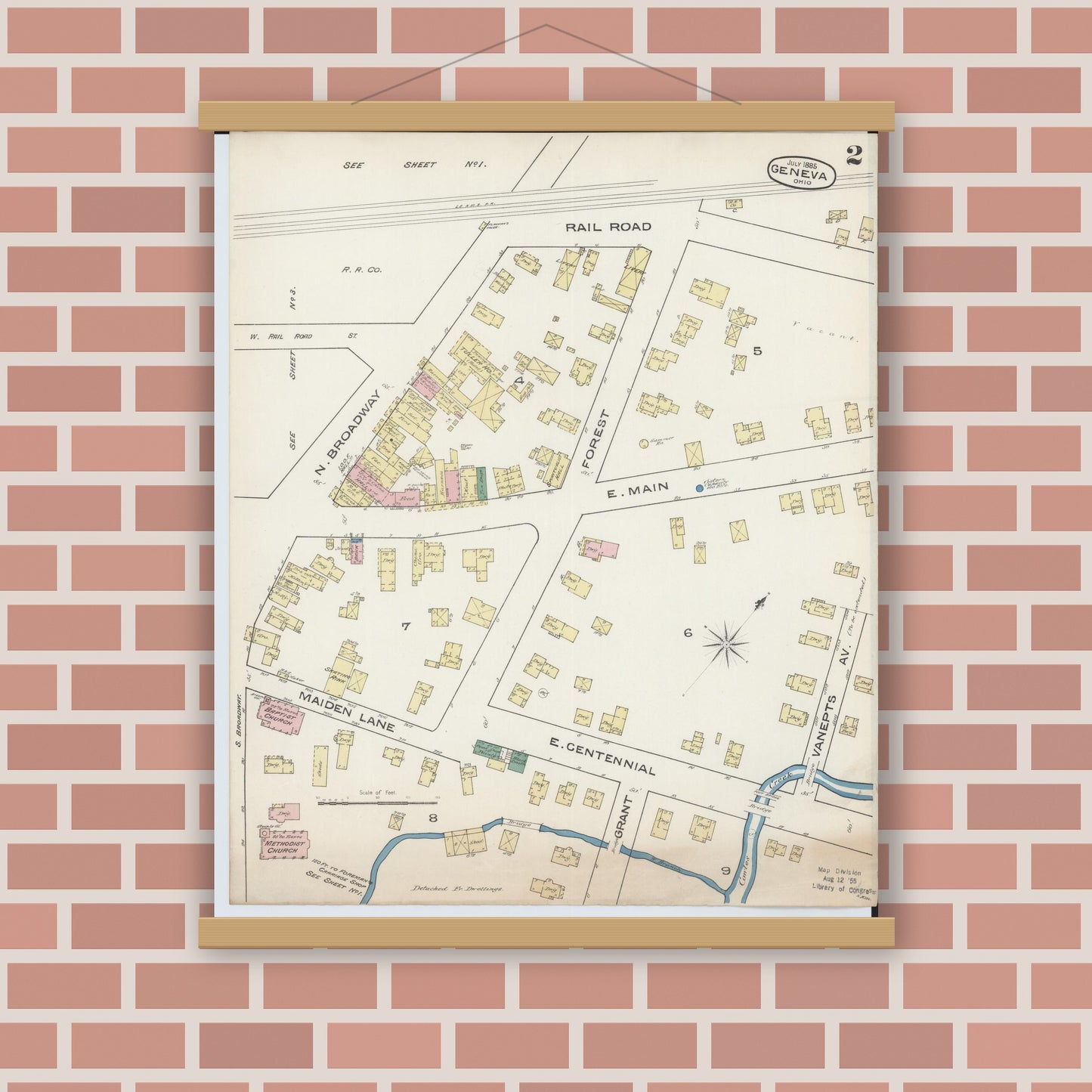 Old map wall art mockup — magnetic wood frame on brick wall — Sanborn Fire Insurance Map from Geneva, Ashtabula County, Ohio (1885), Sheet #0002
