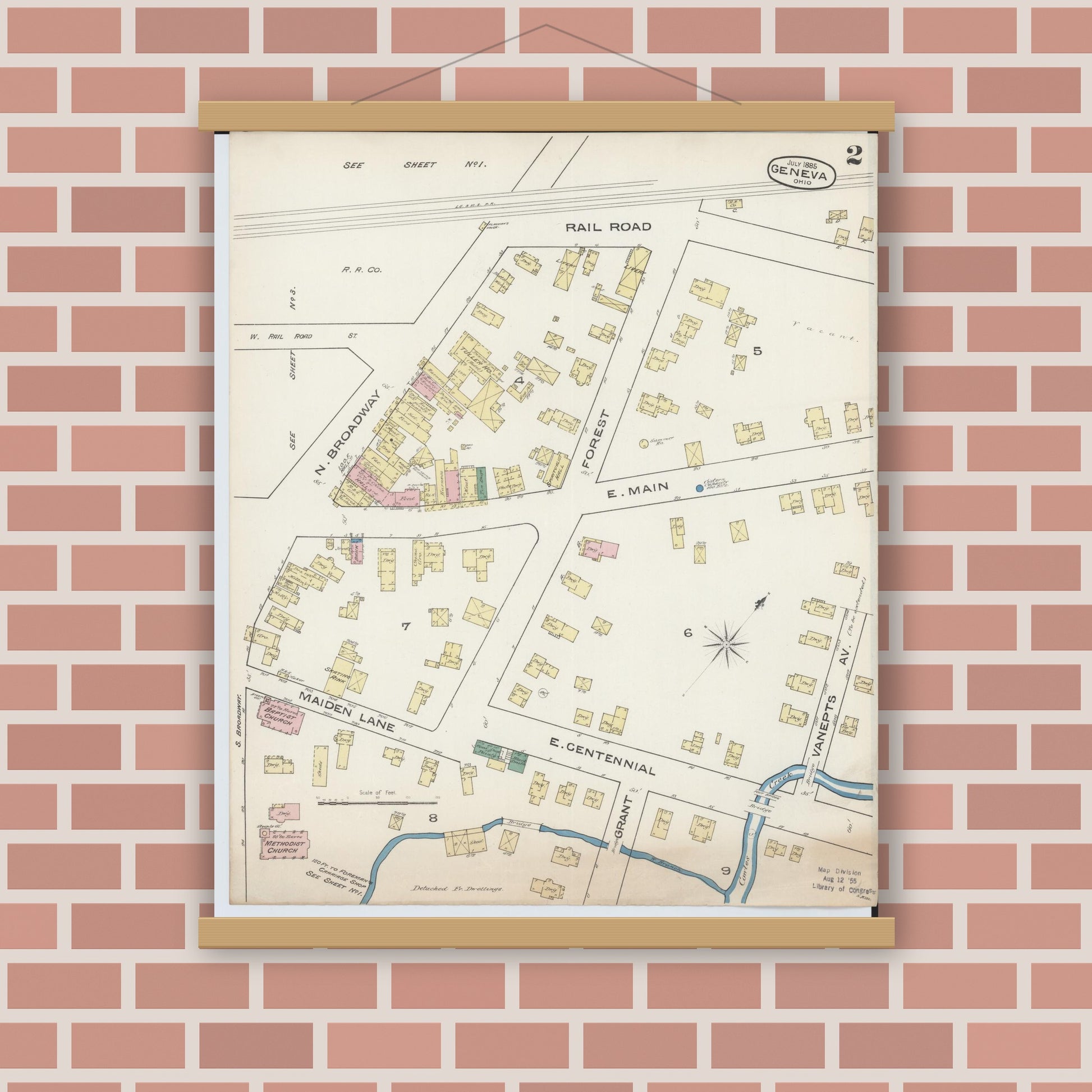 Old map wall art mockup — magnetic wood frame on brick wall — Sanborn Fire Insurance Map from Geneva, Ashtabula County, Ohio (1885), Sheet #0002
