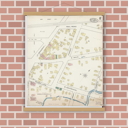 Old map wall art mockup — magnetic wood frame on brick wall — Sanborn Fire Insurance Map from Geneva, Ashtabula County, Ohio (1885), Sheet #0002