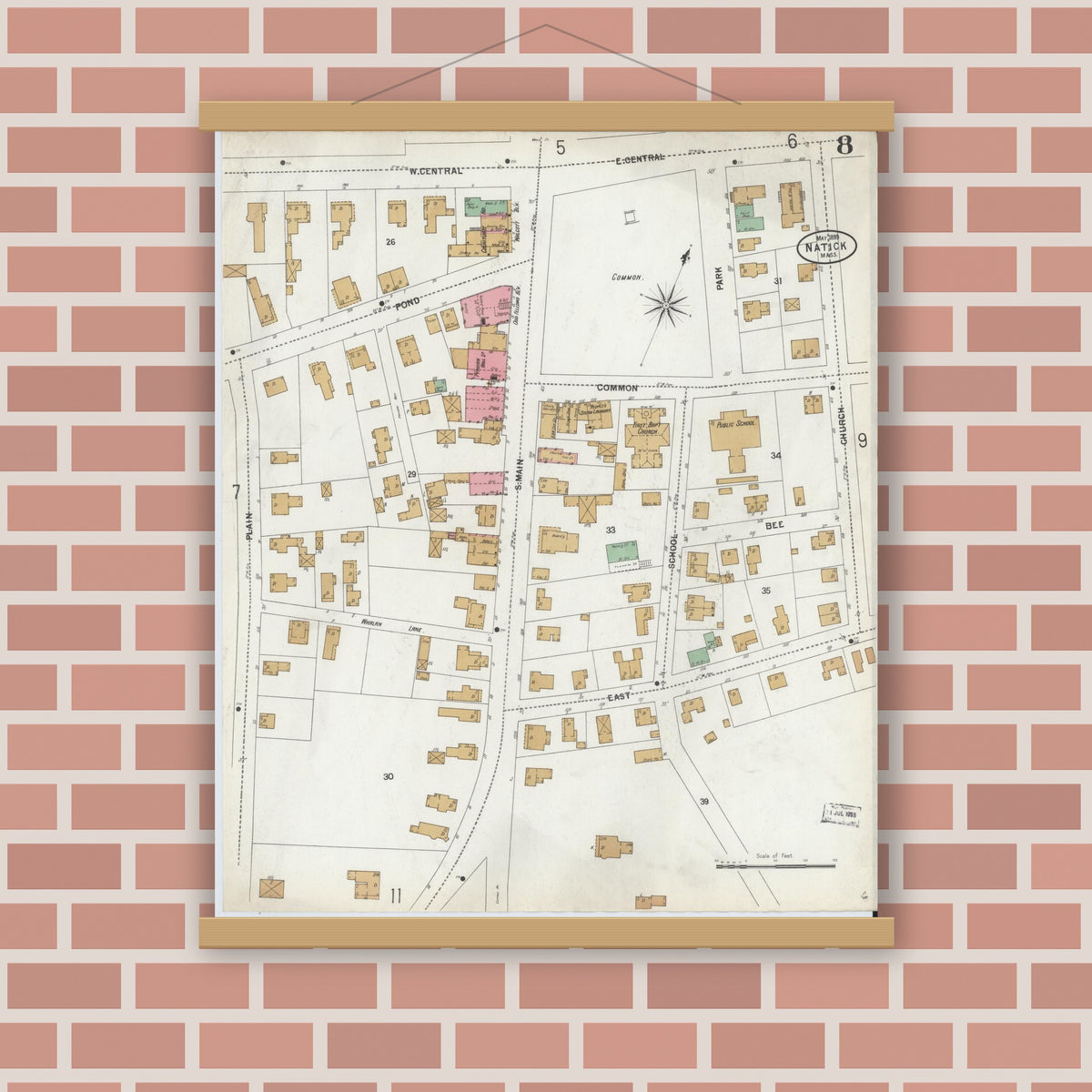 Old map wall art mockup — magnetic wood frame on brick wall — Sanborn Fire Insurance Map from Natick, Middlesex County, Massachusetts (1899), Sheet #0008