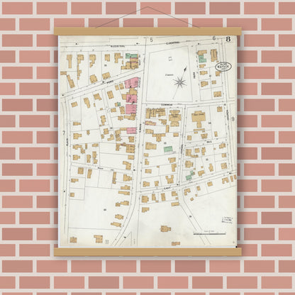 Old map wall art mockup — magnetic wood frame on brick wall — Sanborn Fire Insurance Map from Natick, Middlesex County, Massachusetts (1899), Sheet #0008