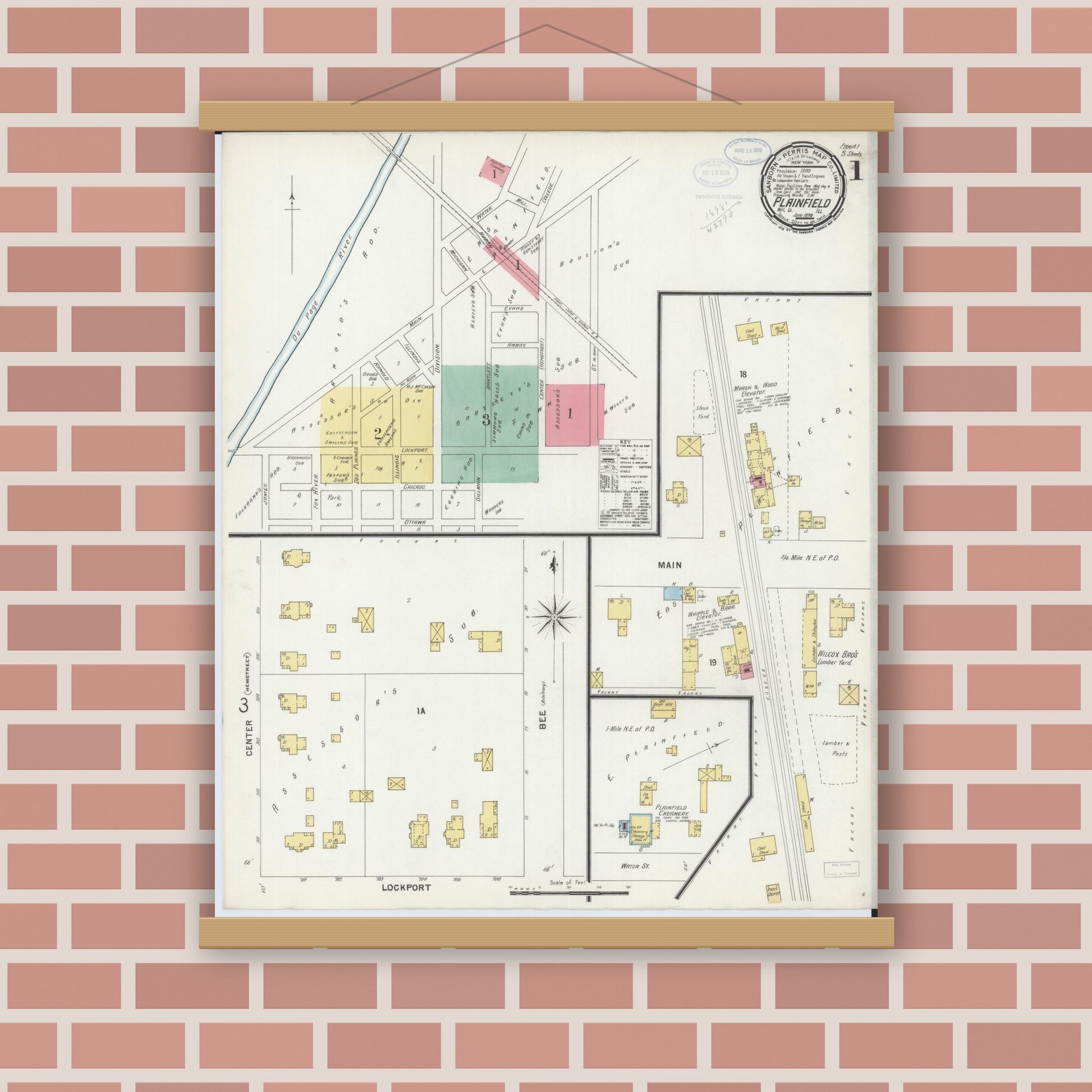 Old map wall art mockup — magnetic wood frame on brick wall — Sanborn Fire Insurance Map from Plainfield, Will County, Illinois (1898), Sheet #0001