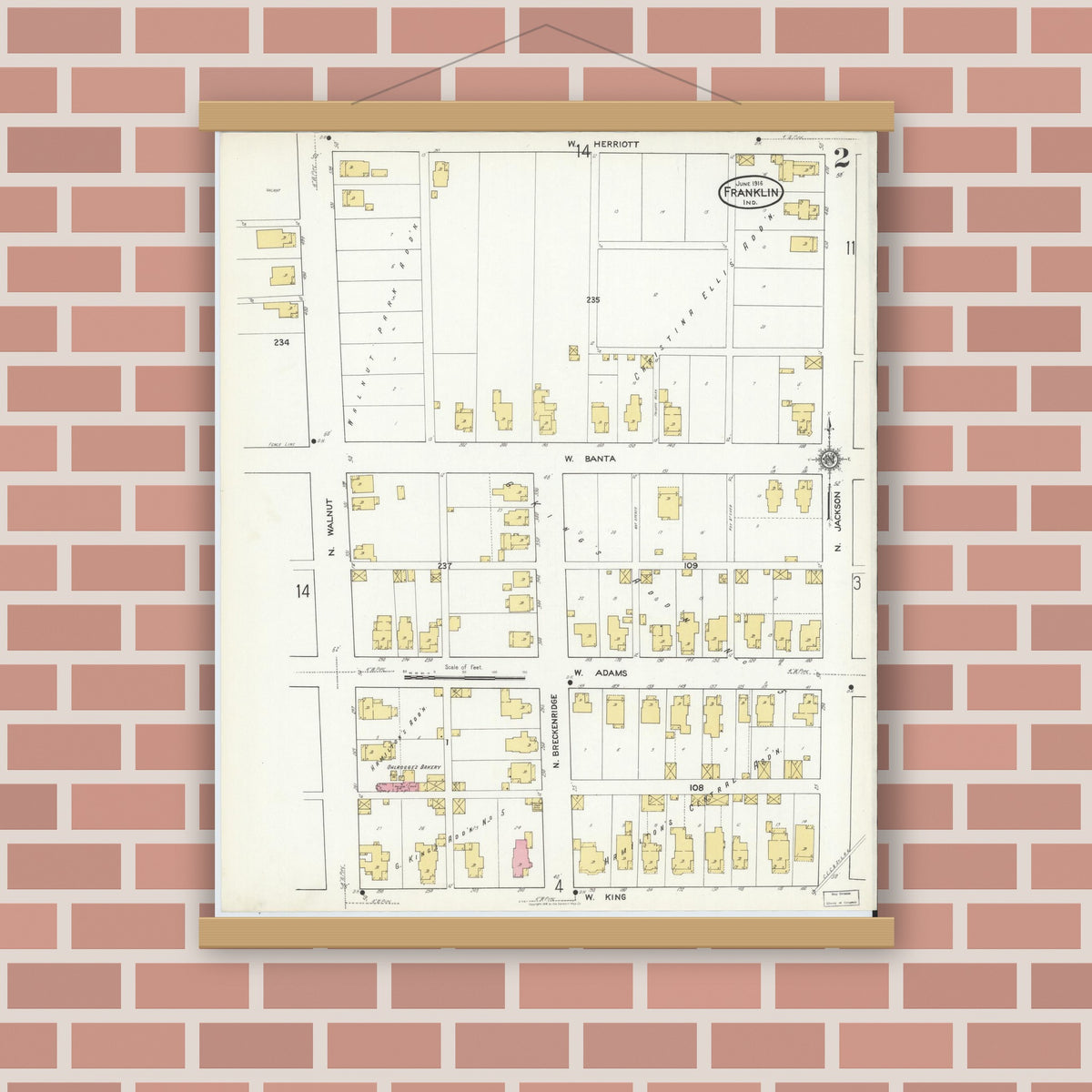 Old map wall art mockup — magnetic wood frame on brick wall — Sanborn Fire Insurance Map from Franklin, Johnson County, Indiana (1916), Sheet #0002
