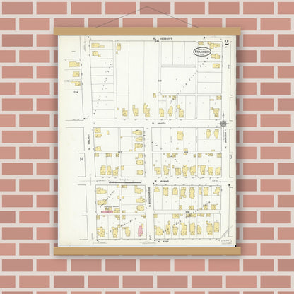 Old map wall art mockup — magnetic wood frame on brick wall — Sanborn Fire Insurance Map from Franklin, Johnson County, Indiana (1916), Sheet #0002