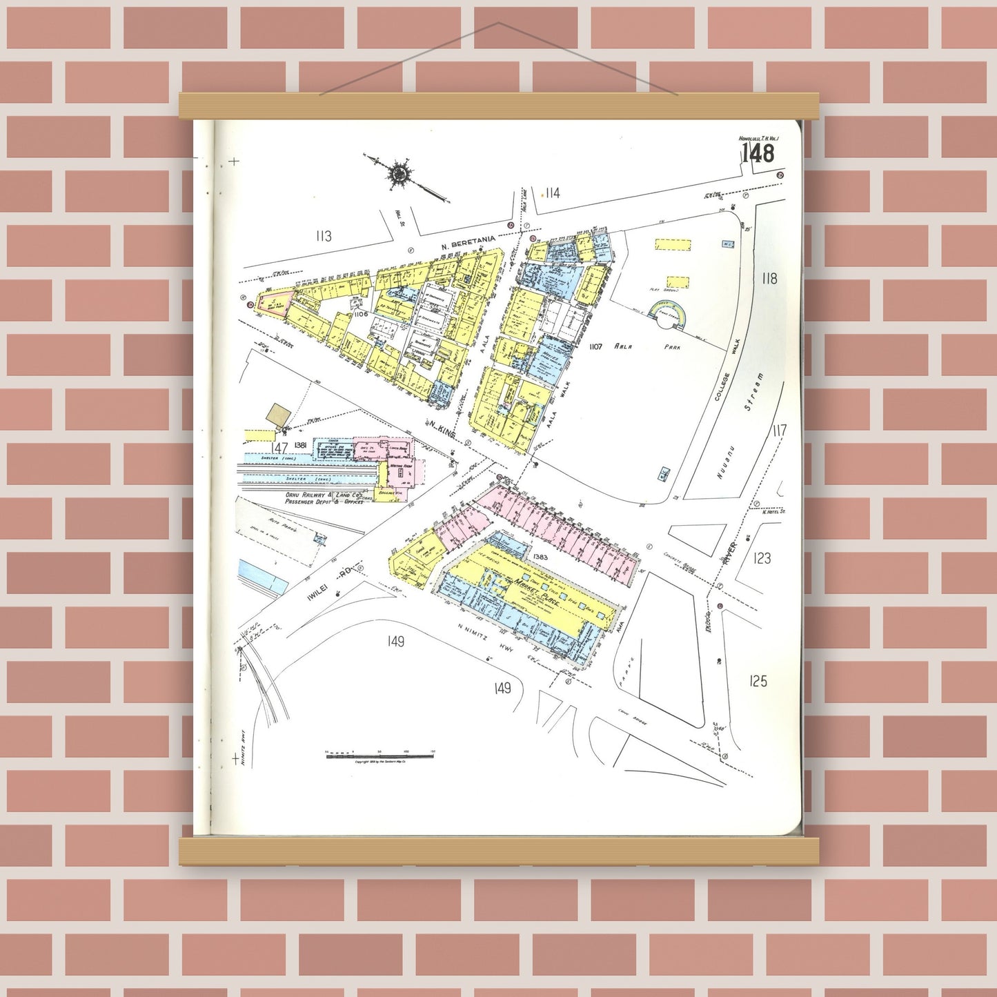 Old map wall art mockup — magnetic wood frame on brick wall — Sanborn Fire Insurance Map from Honolulu, Oahu County, Hawaii (1955), Sheet #0148