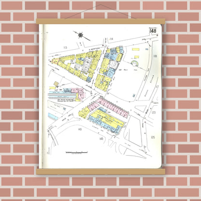 Old map wall art mockup — magnetic wood frame on brick wall — Sanborn Fire Insurance Map from Honolulu, Oahu County, Hawaii (1955), Sheet #0148