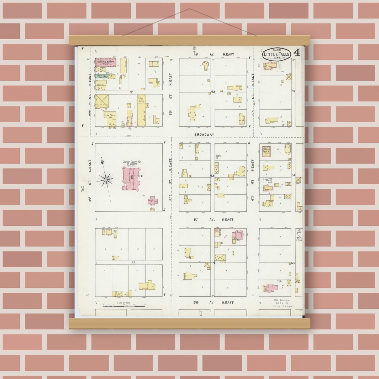 Old map wall art mockup — magnetic wood frame on brick wall — Sanborn Fire Insurance Map from Little Falls, Morrison County, Minnesota (1895), Sheet #0004
