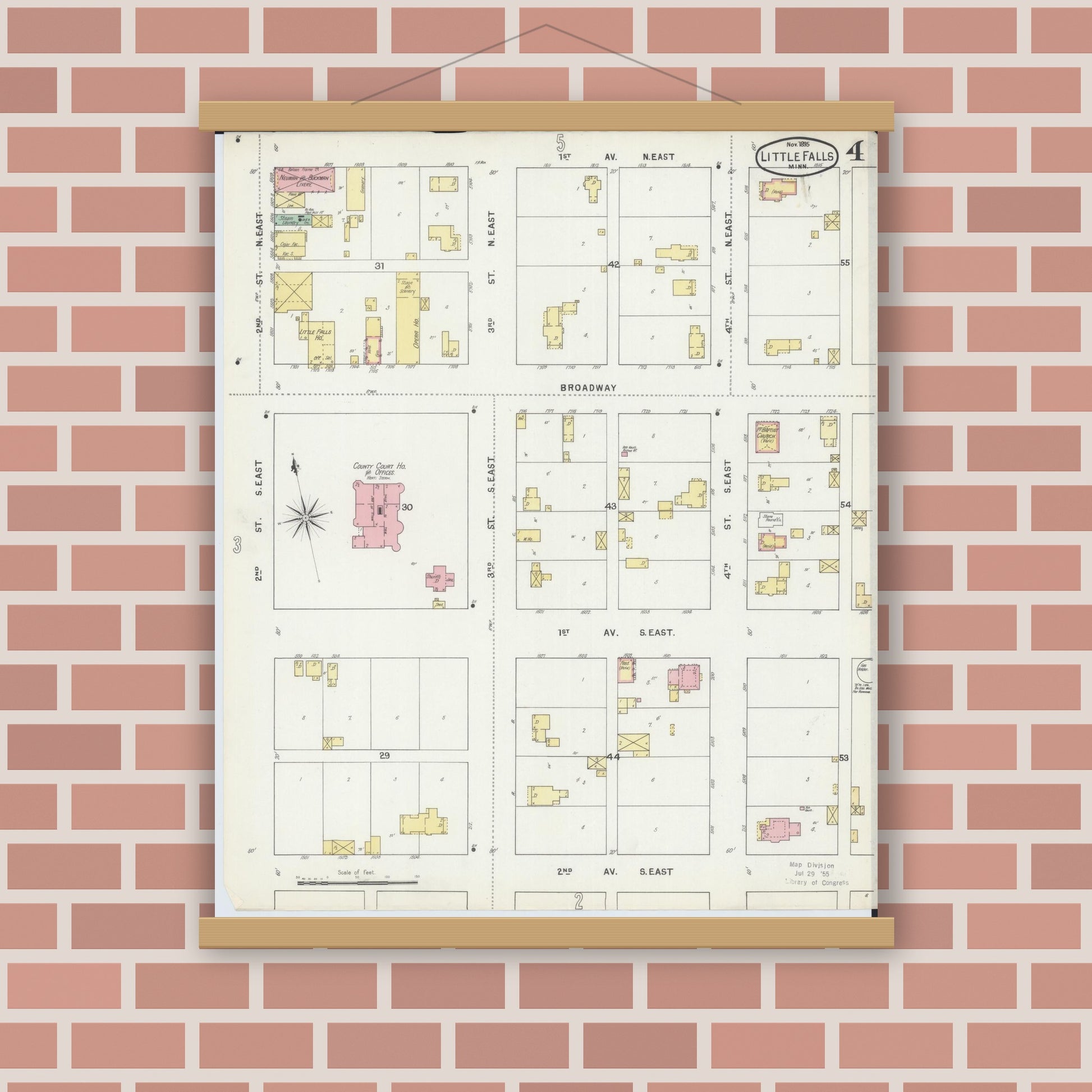 Old map wall art mockup — magnetic wood frame on brick wall — Sanborn Fire Insurance Map from Little Falls, Morrison County, Minnesota (1895), Sheet #0004