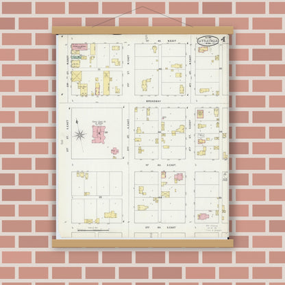 Old map wall art mockup — magnetic wood frame on brick wall — Sanborn Fire Insurance Map from Little Falls, Morrison County, Minnesota (1895), Sheet #0004