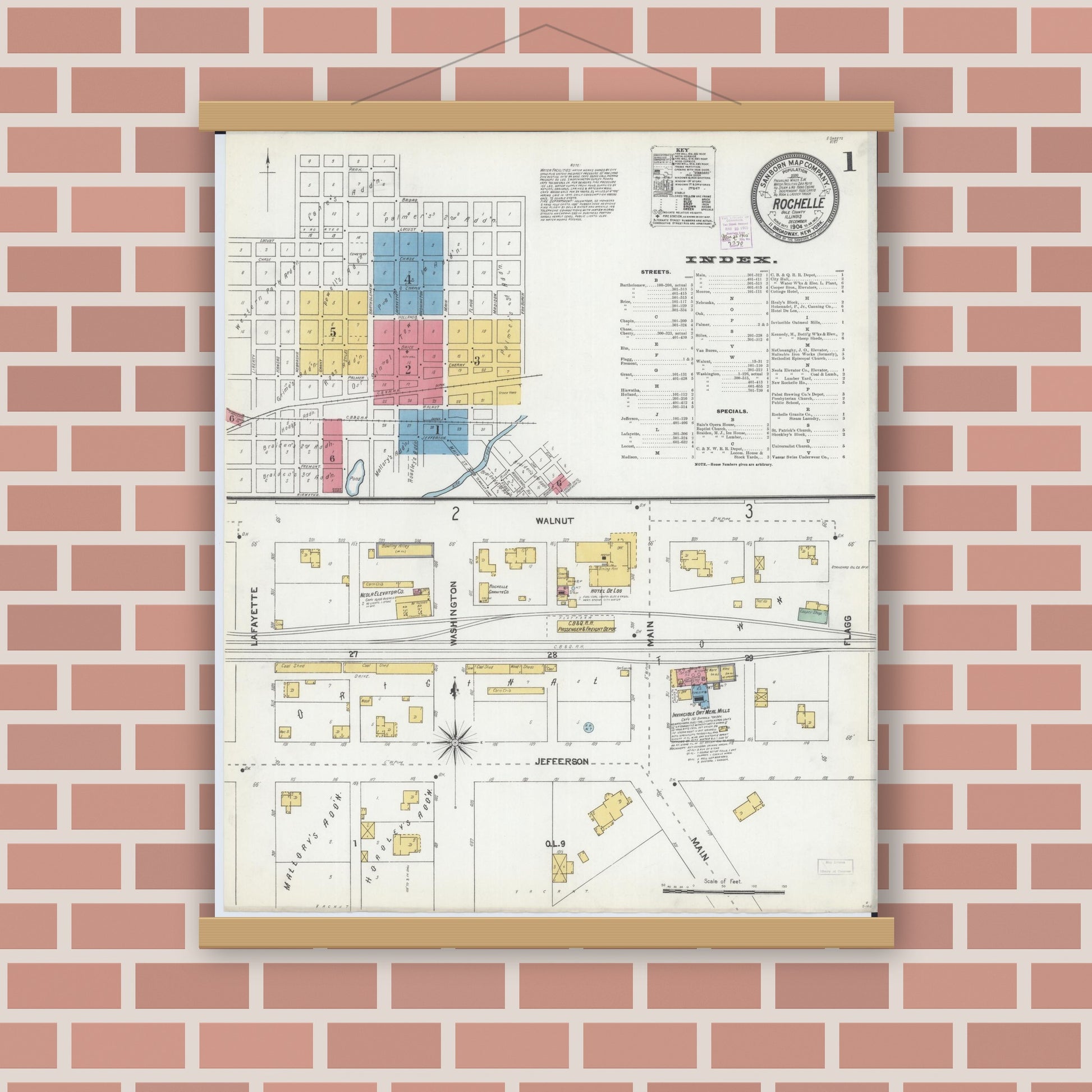 Old map wall art mockup — magnetic wood frame on brick wall — Sanborn Fire Insurance Map from Rochelle, Ogle County, Illinois (1904) - Complete Map Set