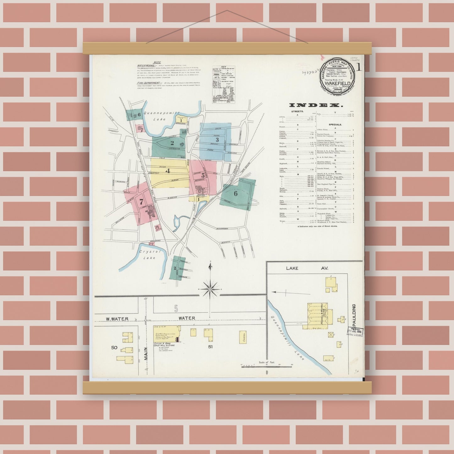 Old map wall art mockup — magnetic wood frame on brick wall — Sanborn Fire Insurance Map from Wakefield, Middlesex County, Massachusetts (1892), Sheet #0001