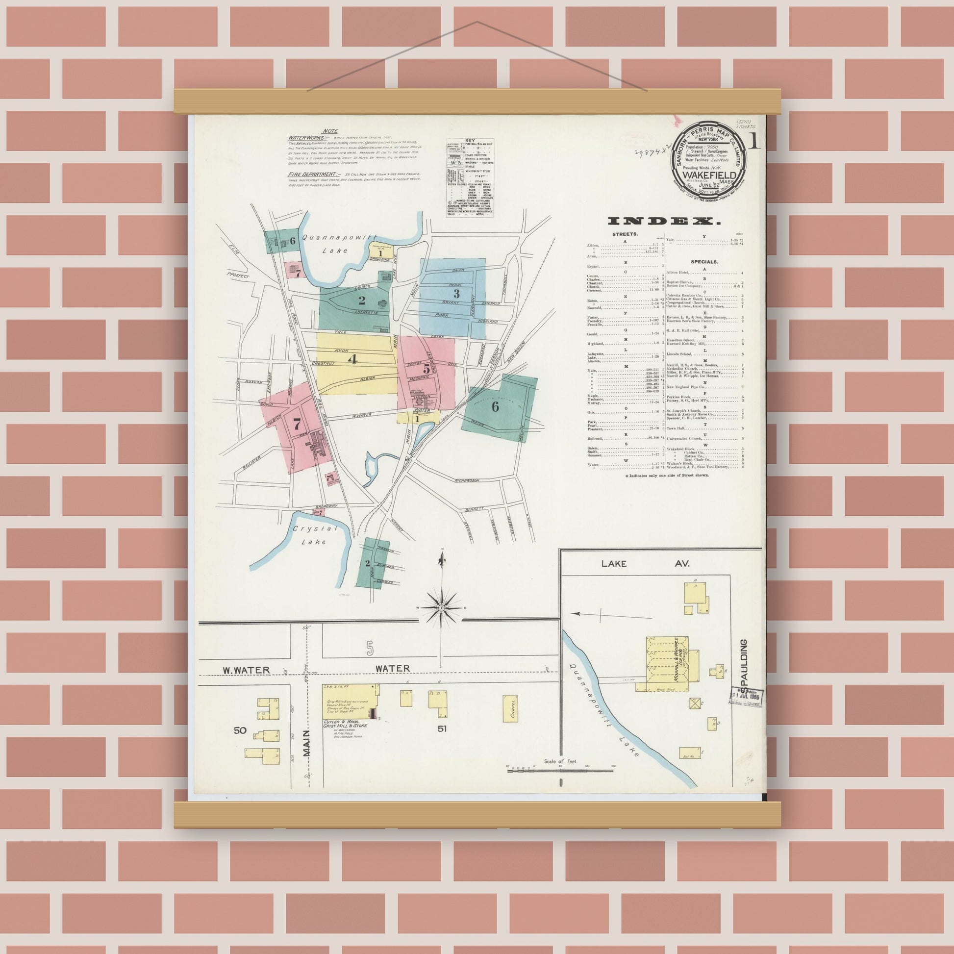Old map wall art mockup — magnetic wood frame on brick wall — Sanborn Fire Insurance Map from Wakefield, Middlesex County, Massachusetts (1892), Sheet #0001