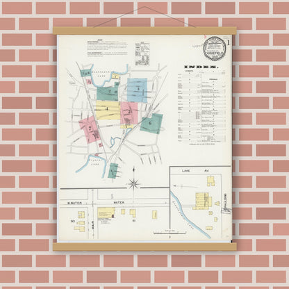Old map wall art mockup — magnetic wood frame on brick wall — Sanborn Fire Insurance Map from Wakefield, Middlesex County, Massachusetts (1892), Sheet #0001