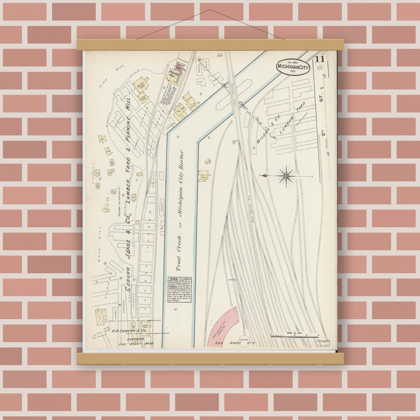 Old map wall art mockup — magnetic wood frame on brick wall — Sanborn Fire Insurance Map from Michigan City, La Porte  County, Indiana (1884), Sheet #0011