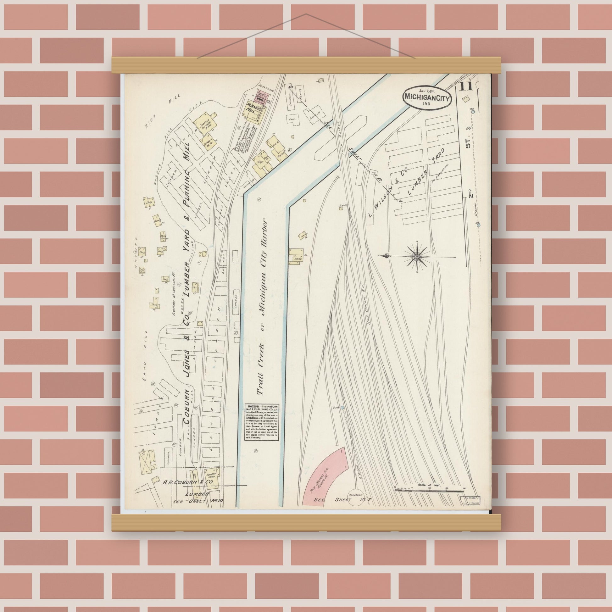 Old map wall art mockup — magnetic wood frame on brick wall — Sanborn Fire Insurance Map from Michigan City, La Porte  County, Indiana (1884), Sheet #0011