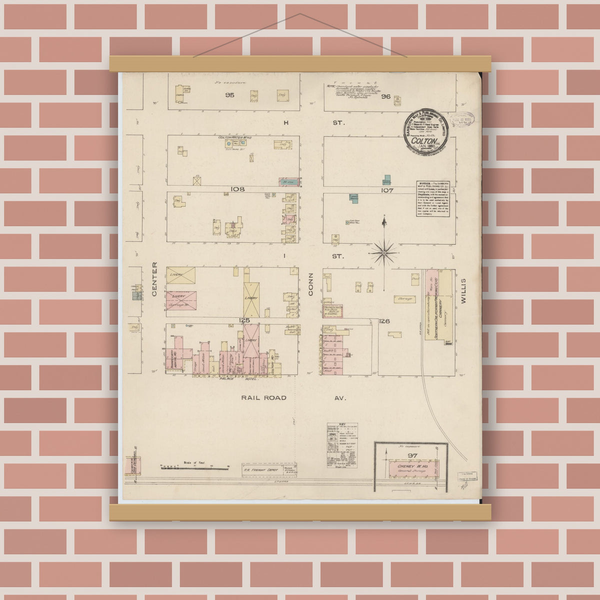 Old map wall art mockup — magnetic wood frame on brick wall — Sanborn Fire Insurance Map from Colton, San Bernardino County, California (1885), Sheet #0001