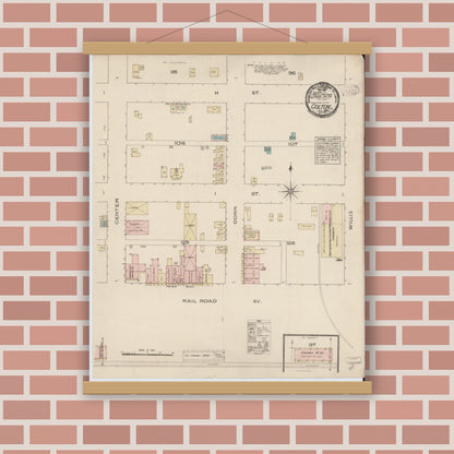 Old map wall art mockup — magnetic wood frame on brick wall — Sanborn Fire Insurance Map from Colton, San Bernardino County, California (1885), Sheet #0001