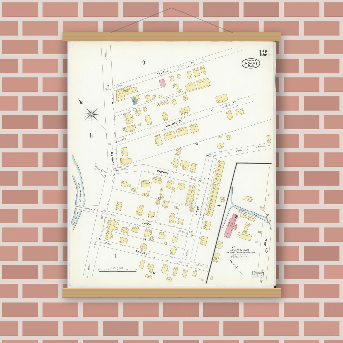 Old map wall art mockup — magnetic wood frame on brick wall — Sanborn Fire Insurance Map from Adams, Berkshire County, Massachusetts (1908), Sheet #0012