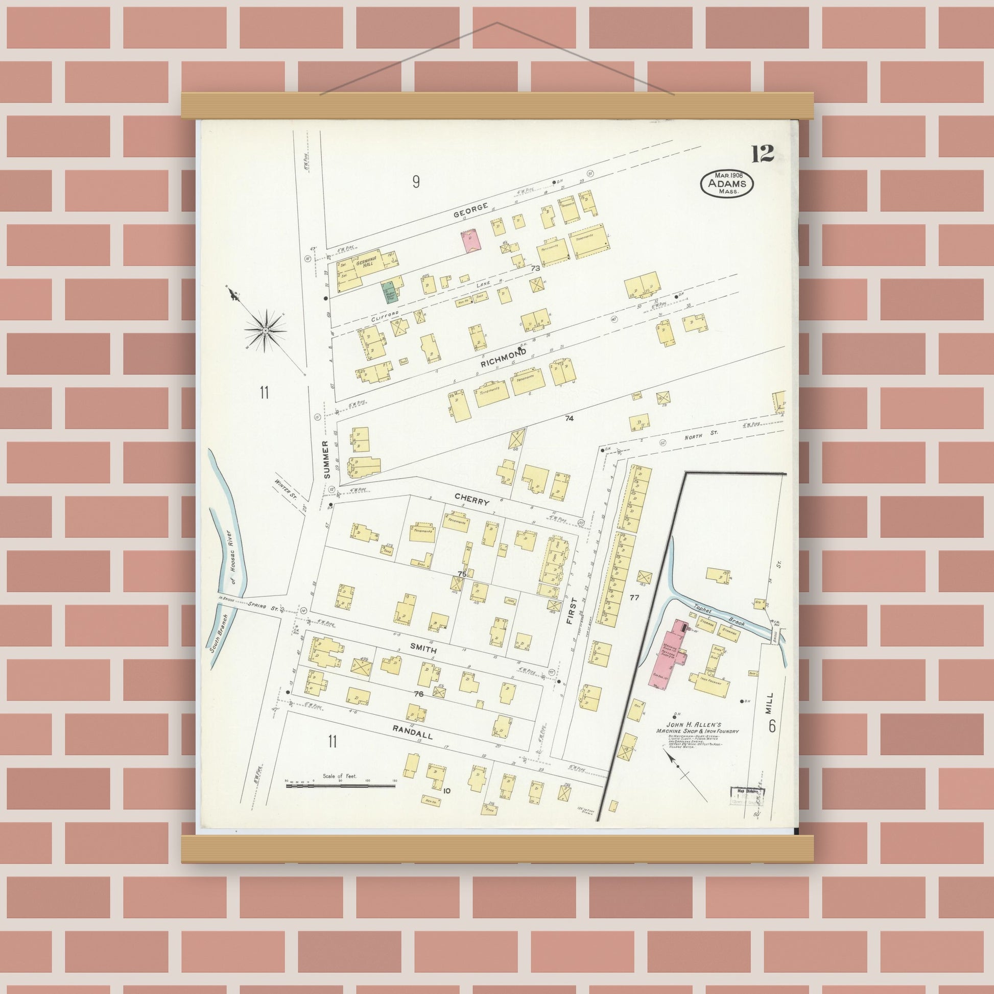 Old map wall art mockup — magnetic wood frame on brick wall — Sanborn Fire Insurance Map from Adams, Berkshire County, Massachusetts (1908), Sheet #0012