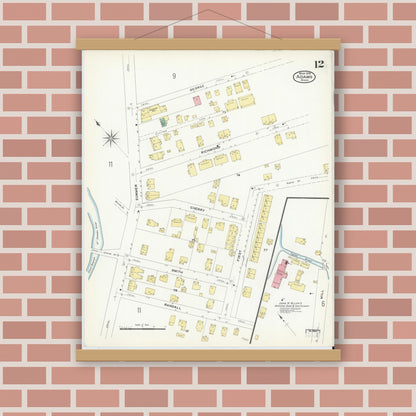 Old map wall art mockup — magnetic wood frame on brick wall — Sanborn Fire Insurance Map from Adams, Berkshire County, Massachusetts (1908), Sheet #0012