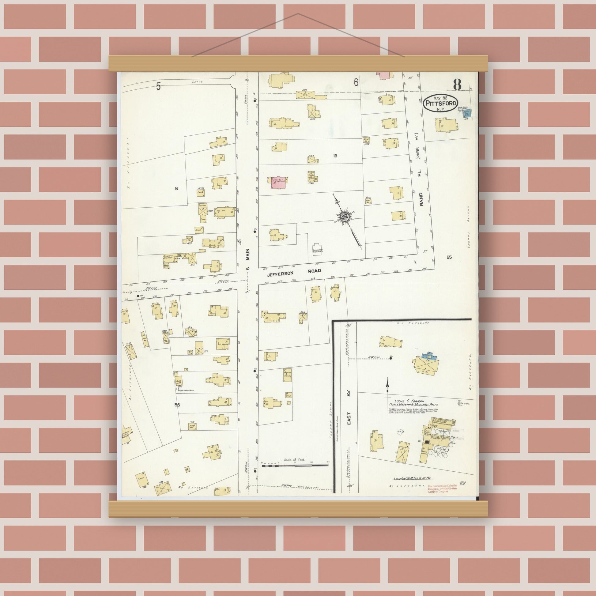 Old map wall art mockup — magnetic wood frame on brick wall — Sanborn Fire Insurance Map from Pittsford, Monroe County, New York (1912), Sheet #0008